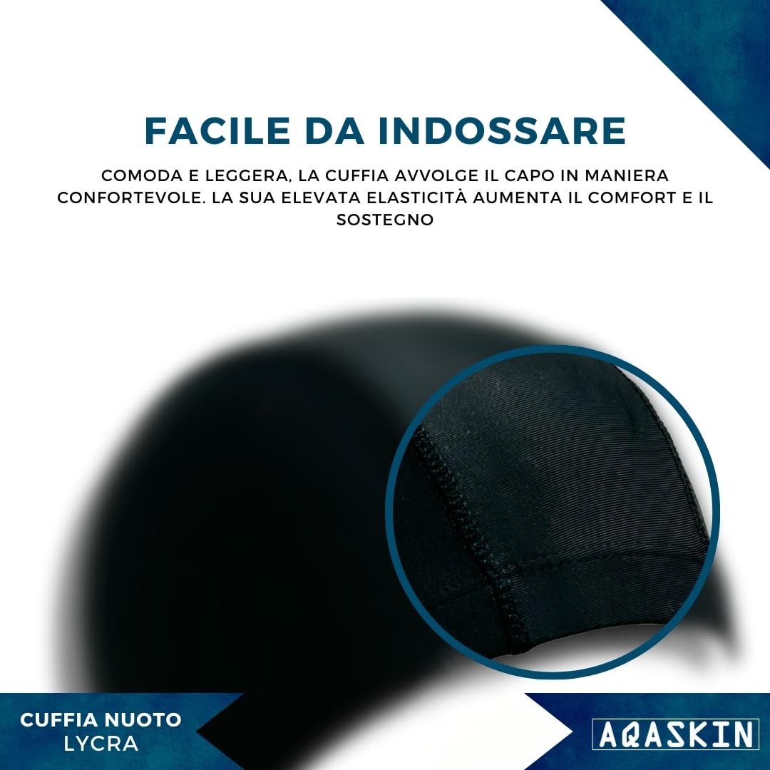 50 AQASKIN Cuffie Nuoto Professionali in Lycra - SCONTI QUANTITÁ - Anallergica Senza Lattice nè Silicone - Colori Misti - Cuffia Piscina licra Unisex, Acquagym - Pack da 50-100-300-600 pz.