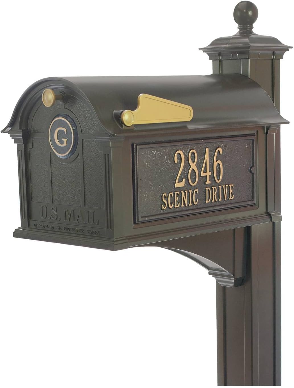Whitehall Custom Extra Large Mailbox - Balmoral Model with Address Plaques, Monogram and Side Mount Post Package, Sand Cast Aluminum, White Personalized in Goldtone