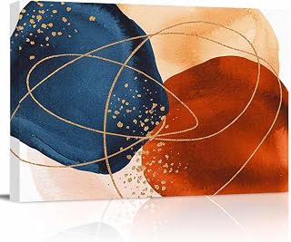 Abstract Boho Geometric Art Canvas Wall Art Navy Blue Burnt Orange Graffiti Wall Painting Canvas Picture Prints Framed Artwork for Office Bedroom Bathroom Kitchen Home Decorations,16x12In