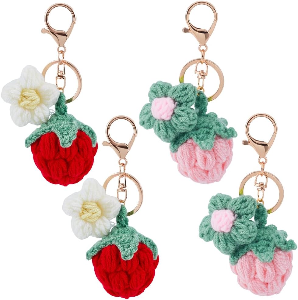 4 Pcs Strawberry Crochet Keychain, 2 Pcs Each Color, Strawberries Flower Key Chain Colorful for Handmade Keychain Supplies for HandBag Decoration Birthday, Red and Pink