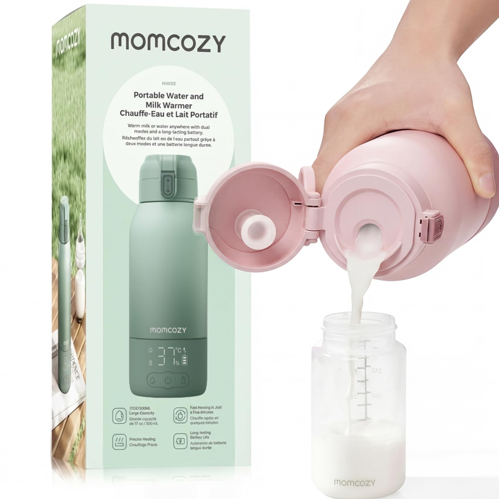 Momcozy Scaldabiberon Portatile Wireless Scalda Latte Materno Acqua 500ml | 2 Modalità e Controllo Temperatura Preciso, Design Senza Cavo da 0.6kg, Viaggi e Uscite per Nutrizione Rapida