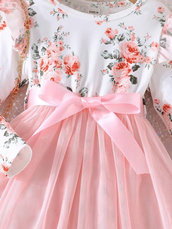 Image of Niren Enterprise 1019 Long Sleeve Printed Flower Belted Square Neck Baby Girl Frock with Knee-Length and A-Line Style