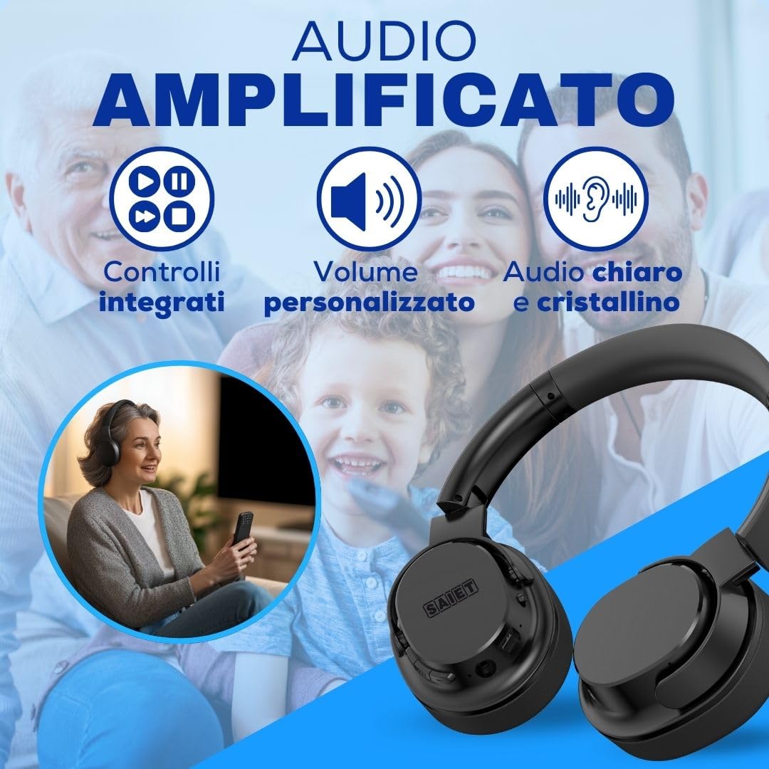 SAIET Cuffie Bluetooth con Amplificazione Audio per TV, Musica e PC | Cuffie Crystal Sound a Bassa Latenza, Fino a 45 Ore di Autonomia con Base di Ricarica, Facili da Usare, Design Ergonomico