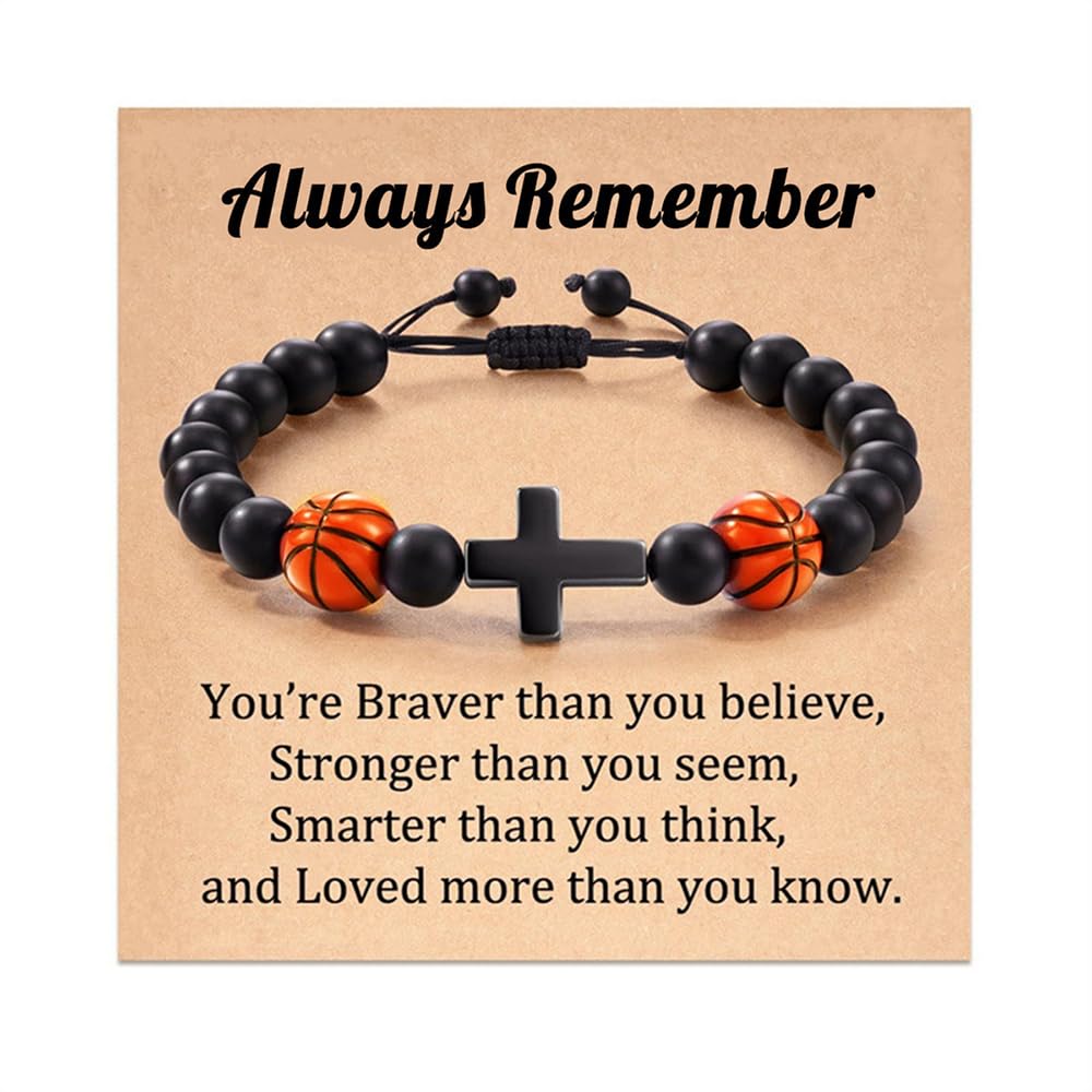 Men's Cross Bracelet Football Baseball Basketball Soccer Sports theme Bracelet Beaded Balls Black Birthday Christmas Bangle Gifts for Player Son Grandson Team Friends Fan with Message Card (Basketball)