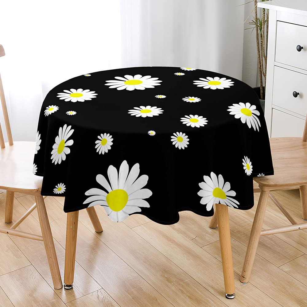 Morbuy Black Daisy Round Tablecloth For Circular Table, Waterproof Daisy Printing Table Cloths Stain Resistant Dust-Proof Wipeable Table Cover For Home Party Kitchen Dinning (,150Cm)