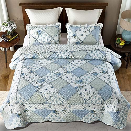 Blue Patchwork Quilt Set Double Size Quilted Bedspread Coverlets Set 3 Pieces 220 x 240 cm Floral Reversible Lightweight Comforter Stitched Bedding Set Bed Cover Throw Blanket with 2 Pillow Shams