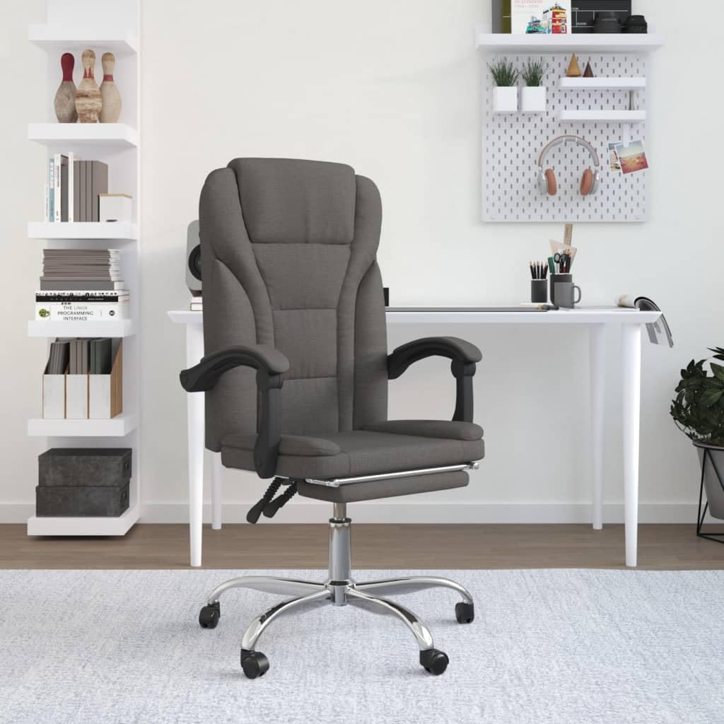 Silla de oficina con función reclinable, tela gris oscuro, respaldo y reposapiés ajustables, giratoria 360°, silla de escritorio transpirable con ruedas para ergonomía