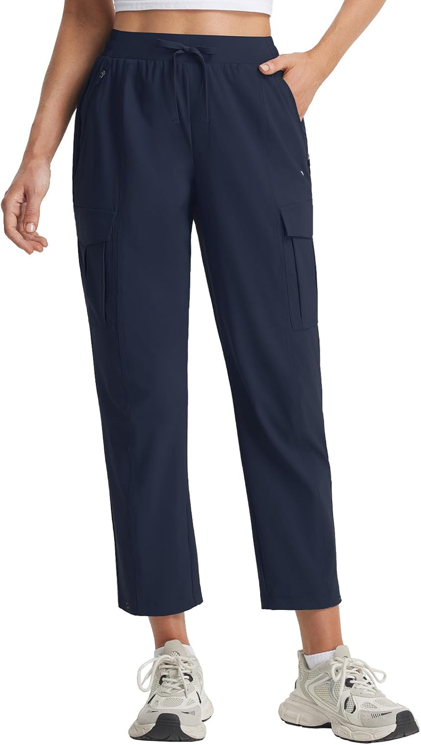 baleaf Women's 26'' Travel Pants Petite Stretch Quick Dry Cargo Pants with Zipper Pockets Summer Ankle Slacks Lightweight