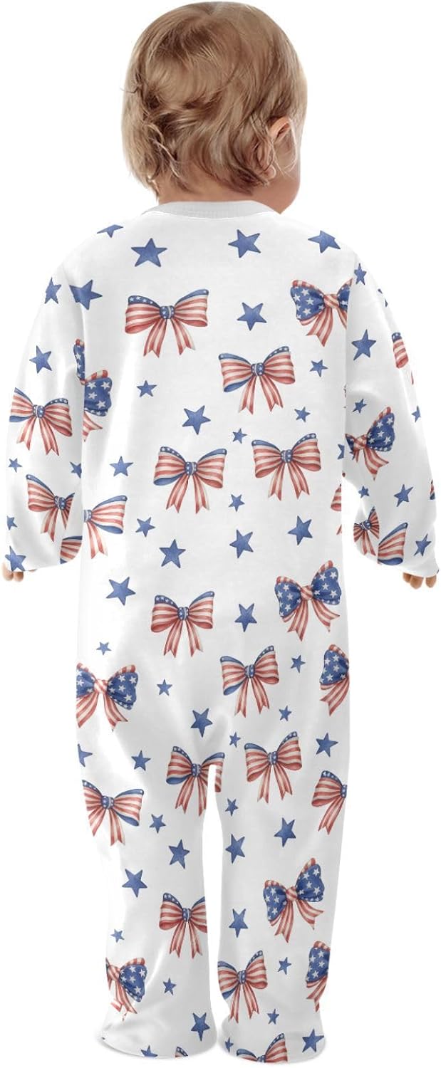Usa Flag Bow White Newborn Baby Pajamas One-Piece Sleep N Play Footie Baby Boy Girl Pjs' Jumpsuit