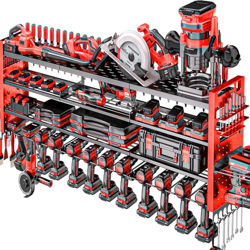 Shomextol 49.8" W Large Power Tool Organizer Wall Mount, Heavy Duty Tool Organizer with 14 cordless Drill Holder, 4 Layers Garage Organization and Storage Rack, Tool Rack for Garage Workshop, Red