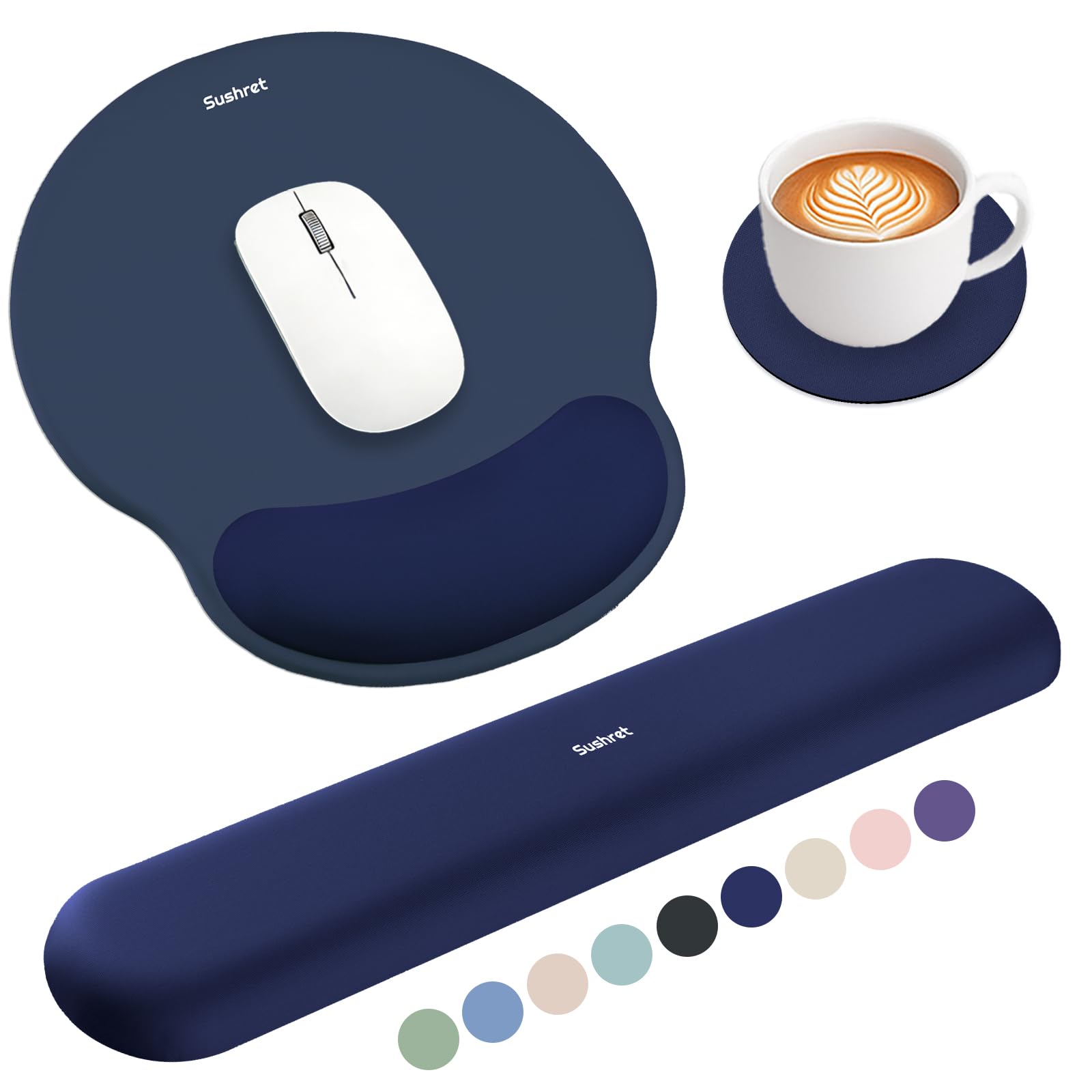 Sushret Mouse Mat and Keyboard Wrist Rest Set, 3-in-1 Gel Memory Foam Ergonomic Mouse Pad with Wrist Support, Gaming Mousepad Arm Cushion for Computer Office Desk Accessories Cute Setup,Dark Blue