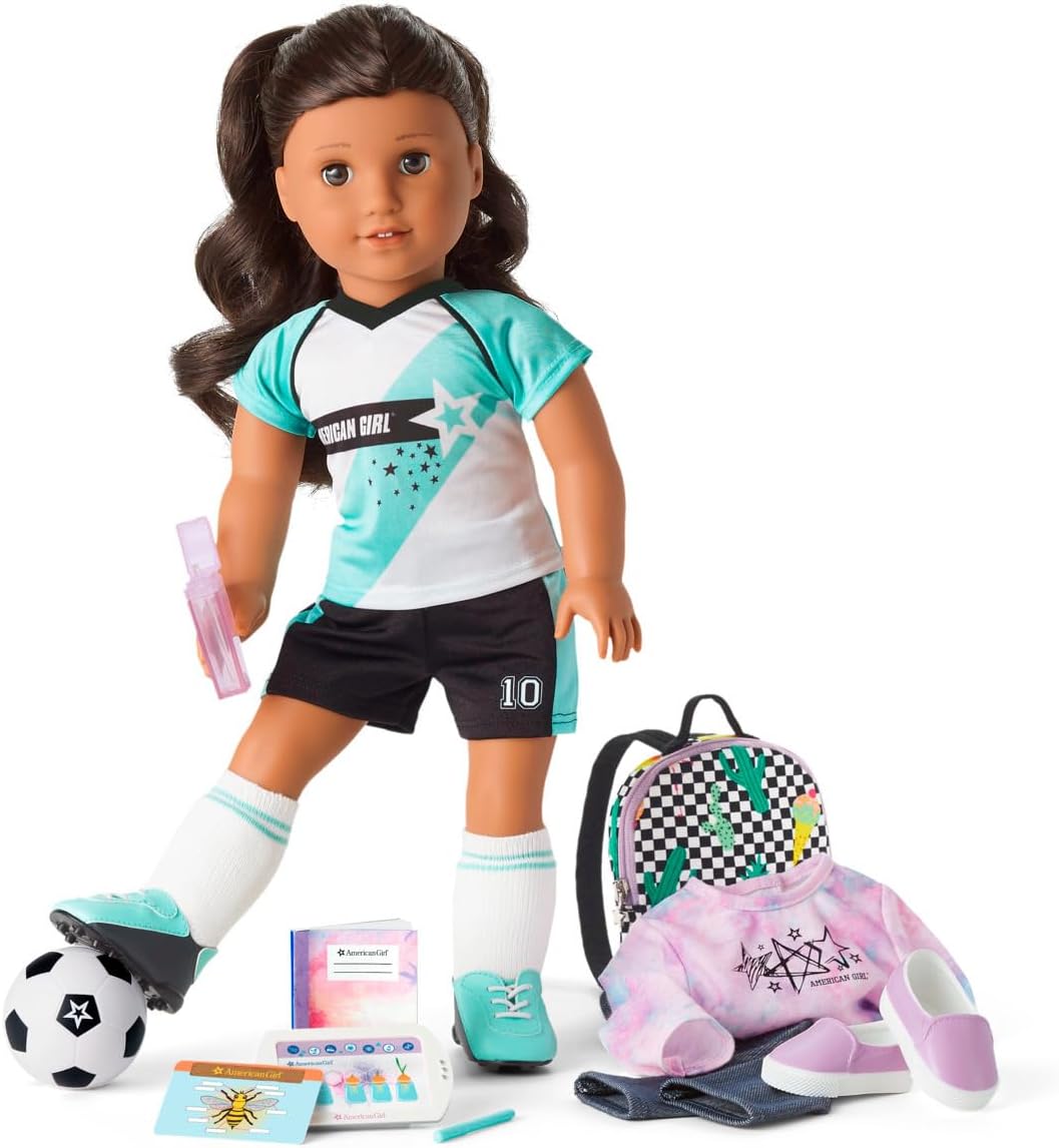 American Girl Truly Me 18-inch Doll 82 and School Day to Soccer Play Set with Brown Eyes, Curly Dark-Brown Hair, tan Skin with Warm Neutral Undertones, tie-dye Sweatshirt, Supplies, Game Gear Ages 6+