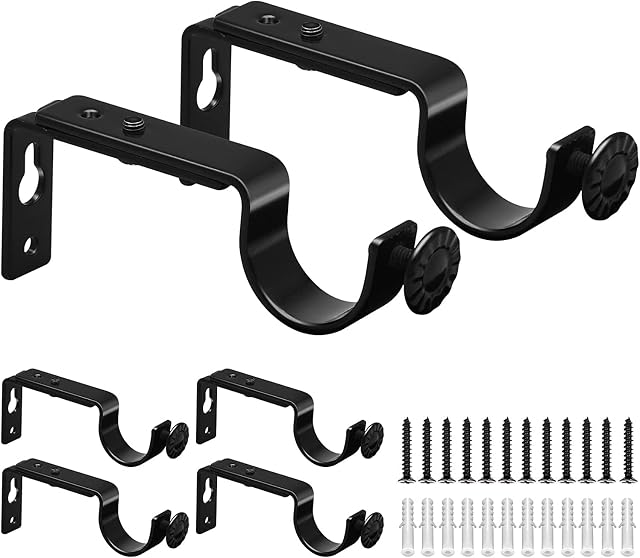 Curtain Pole Brackets, Adjustable Curtain Pole Bracket Heavy Duty Curtain Rod Holders Metal Curtain Rail Wall Brackets Black Curtain Rod Support Hooks for 25mm Drapery Poles, Set of 6