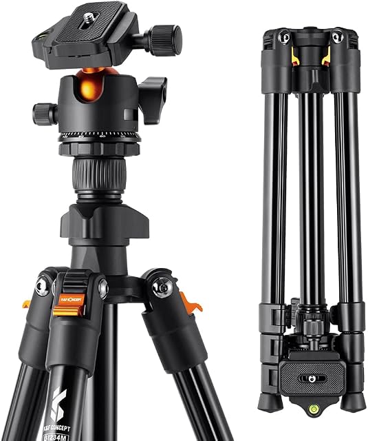 K&F Concept 64 inch/163cm Camera Tripod,Lightweight Aluminum Travel Outdoor Tripod with Metal Ball Head Load Capacity 8kg/17.6lbs,Quick Release Plate, for DSLR Cameras K234A0+BH-28L