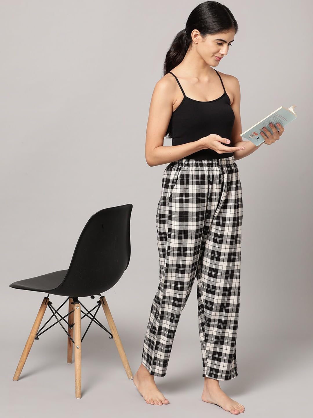 KRYPTIC Women Black/Cream Checked Lounge Pyjama - Pure Cotton, Relaxed fit, Ultra Soft(Black/Cream ;XL) - Image 6 thumbnail