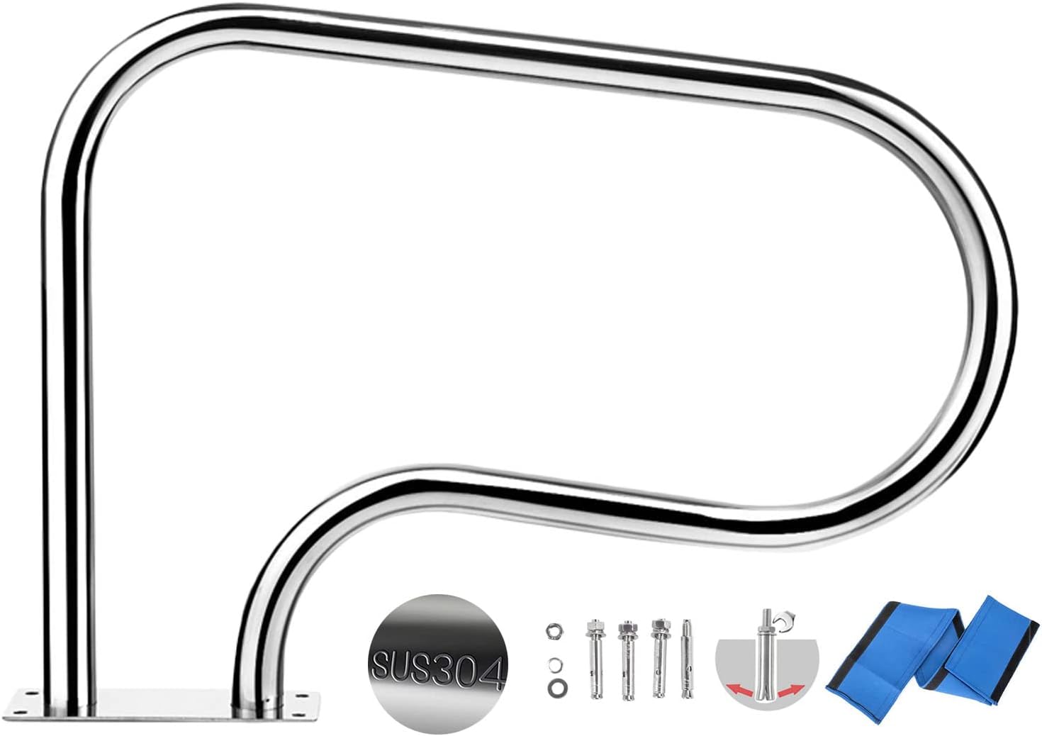 Pool Handrails Swimming Pool Safety Railing 304 Stainless Steel Pool Hand Rail with 4Ft Blue Grip Cover, 250Lbs Load Capacity