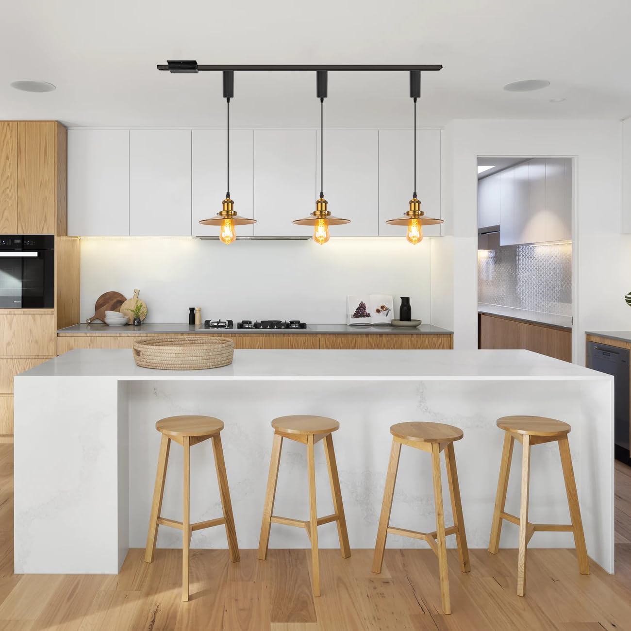 Kiven J-Type Track Lighting, 3-Light Modern Juno Track Pendant Light Adjustable Length, J Track Lighting Pendants for Bedroom Kitchen Shop,Brass Finish