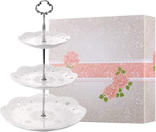 BonNoces 3-Tier Porcelain Cupcake Stand Serving Tray - White Embossed