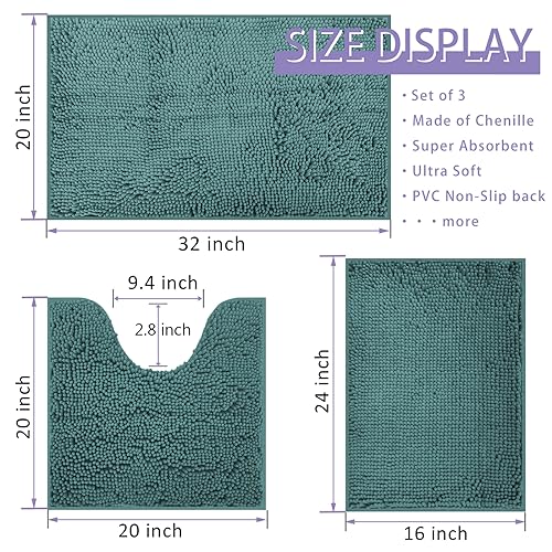 RUN HELIX Ultra Soft Chenille Bath Mat Non Slip, Bath Mat Set 3 Piece, Shaggy Bathroom Mats - Image 2