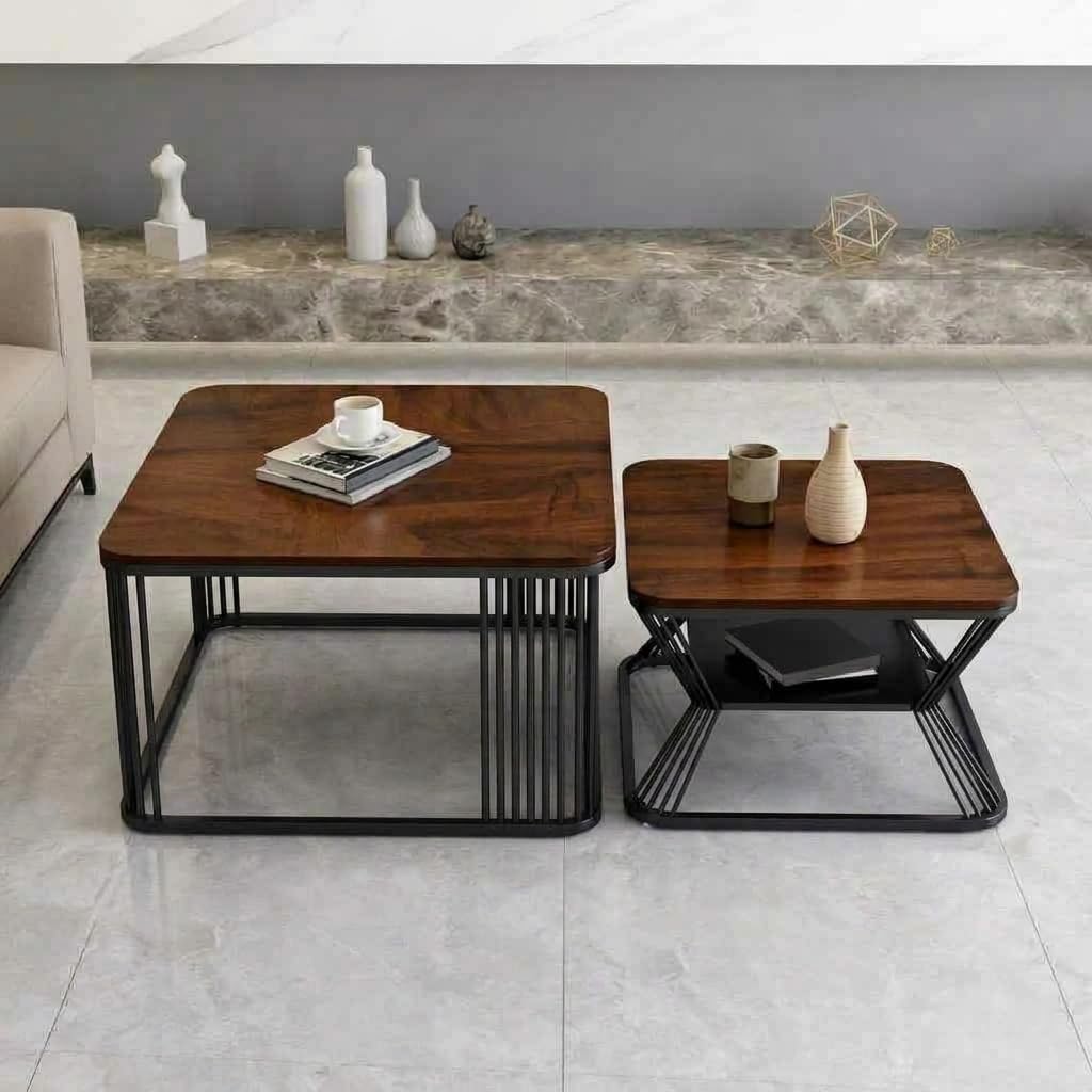 EDEUEQUE Nesting Coffee Table Sofa Side End Table Set of 2 for Living Room Bedroom Balcony Wooden Top Center Table with Metal Frame Cocktail Stacking Table Black Brown-image-43