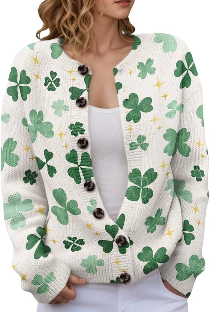 TIAFORD Womens St Patricks Day Knit Open Front Cardigan 2026 Lucky Irish Shamrock Pattern Festive Holiday Layered Sweater