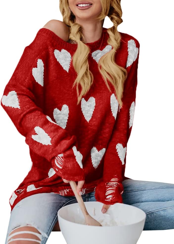 Tutorutor Womens Cute Love Heart Print Sweaters Oversized Off The Shoulder Loose Knitted Valentine Pullover Blouse Top - Image 3