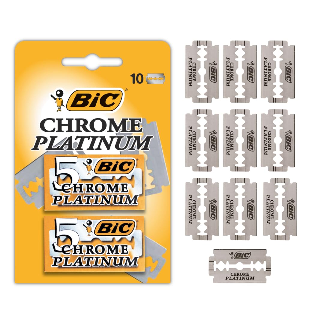 BIC Chrome Platinum, Double Edge Safety Razor, Disposable Single Blades, Stainless Steel, Pack of 10