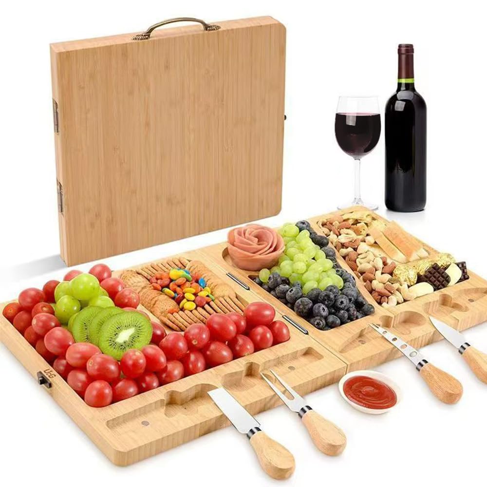 Charcuterie Board Set,Large Folding Cheese Board with Knife Set,charcuterie Boards,Charcuterie Board with Cover, Portable Cheese Board for Travel,22.8 x 11.4 Inches.