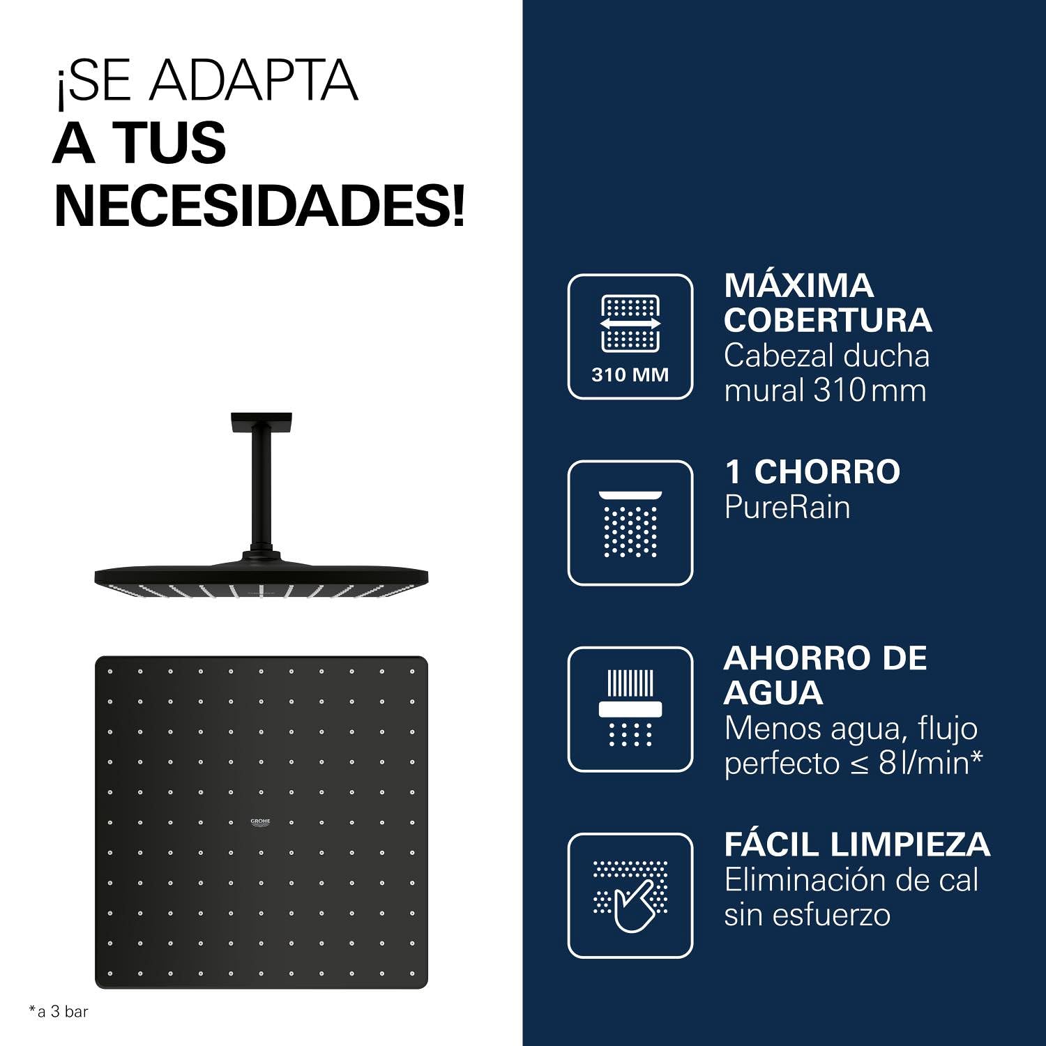 GROHE Rainshower 310 Mono Cube - Conjunto de ducha de techo (Cabezal 310mm, brazo 142mm, chorro PureRain, ahorro de agua), forma cuadrada, Phantom Black (negro mate), 26566KF0