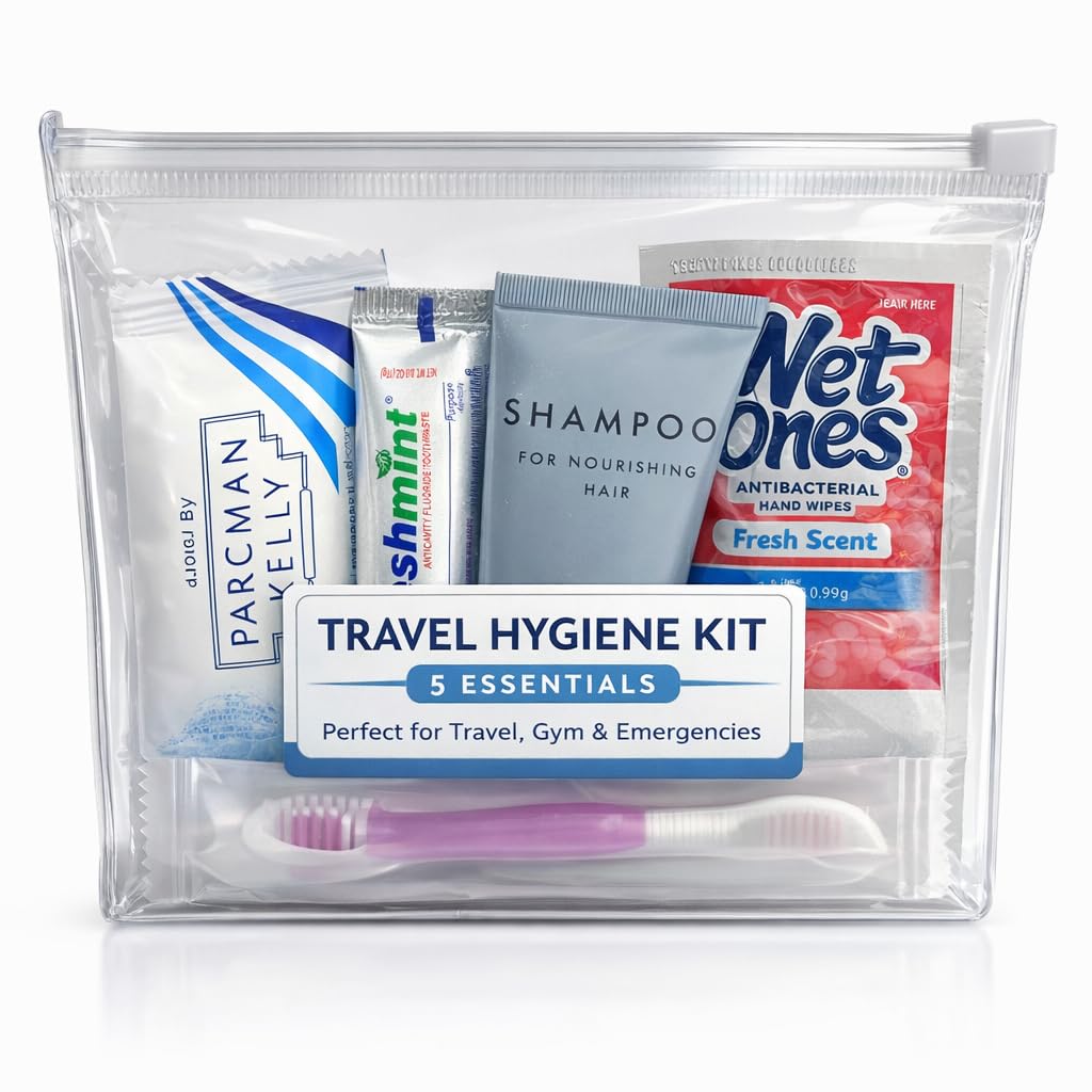 Travel Hygiene Kit (5 Essentials) – TSA Approved Toiletry Set with Toothbrush, Toothpaste, Shampoo, Soap & Hand Wipes – Portable Travel Kit for Gym, Airplane & Emergency Use