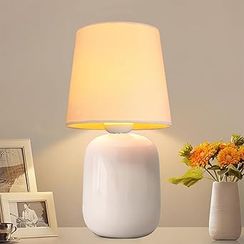 Homesake Modern Small Ceramic Table Lamp, Classic Bedside Desk lamp for Living Room Bedroom, Farmhouse Nightstand Lamps with Pink Fabric Shade (Dovel White)