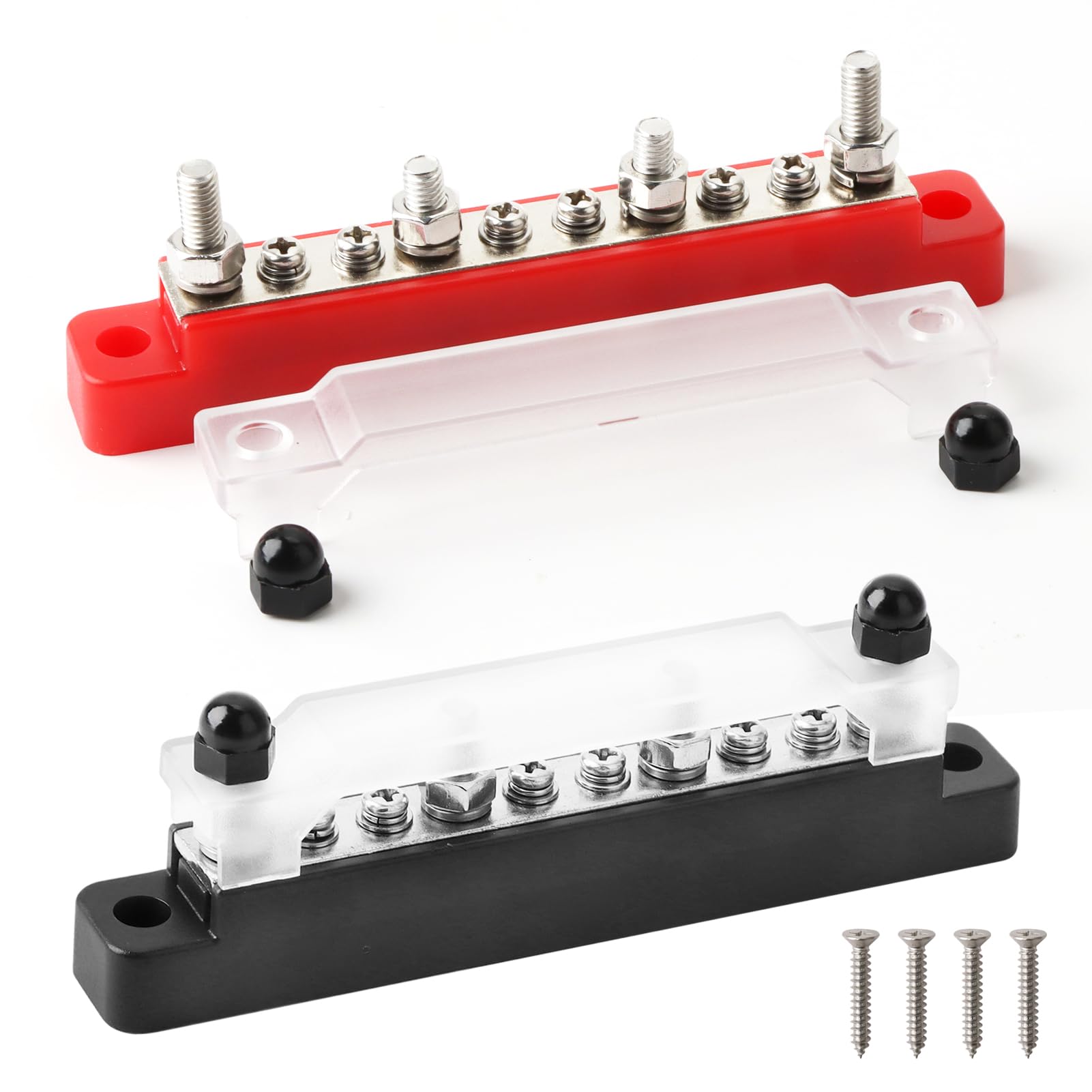 2PCS DC Busbar Power Distribution Block 12V-48V Bus Bar with Cover 6 x M4 Studs Bus Bar Terminal Block for Cars RVs Boat Marine Solar System (Red, Black)