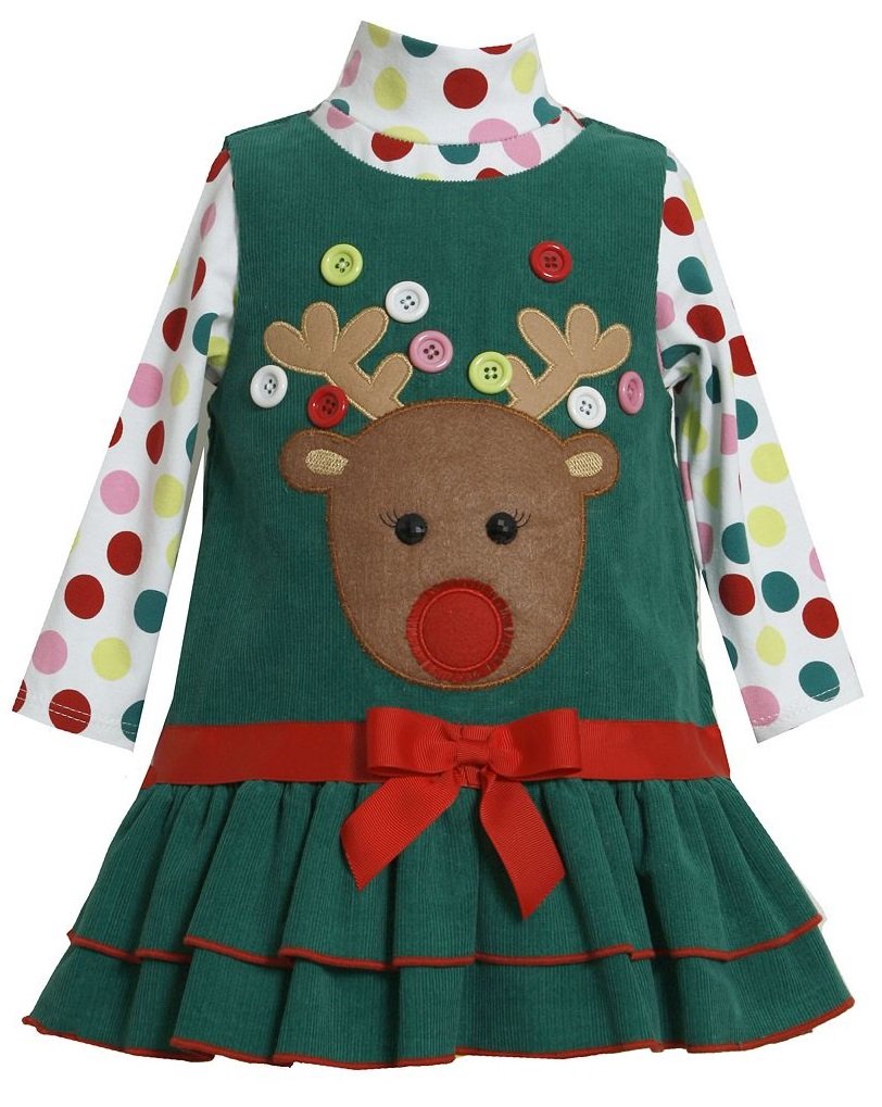 Bonnie Jean Girls Christmas Reindeer Jumper Dress Set Green