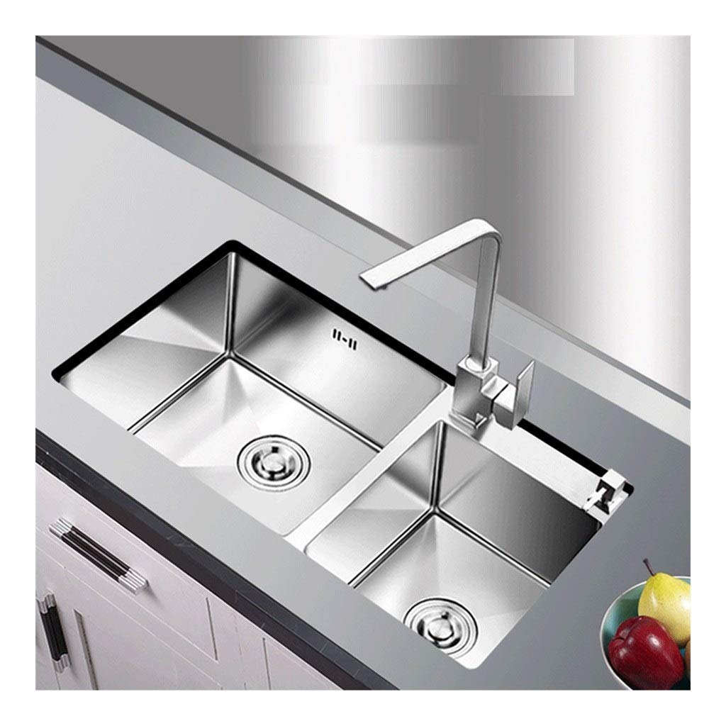 WDSOPK Basin 2 Bowl Kitchen Sink Counter Top, 304 Stainless Steel Deep Basin with Tap 720Mm X 400Mm,