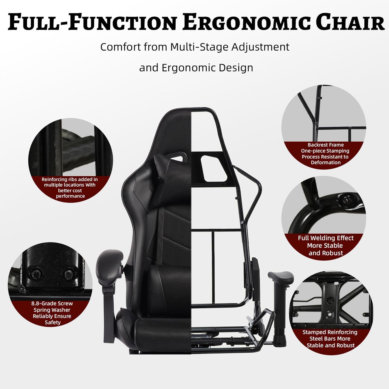 Gaming Desk Chair for Adults, Ergonomic Gaming Chair with Footrest & Headrest and Lumbar Support, Leather Material Height Adjustable Computer Video Game Chairs (Black Upgrade)