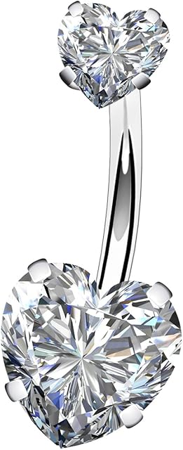 OUFER Belly Bar 14G 1.6mm Surgical Steel Belly Bars Double Shiny Heart Cubic Zirconia Anti-Allergic Navel Bar Barbells Ring 