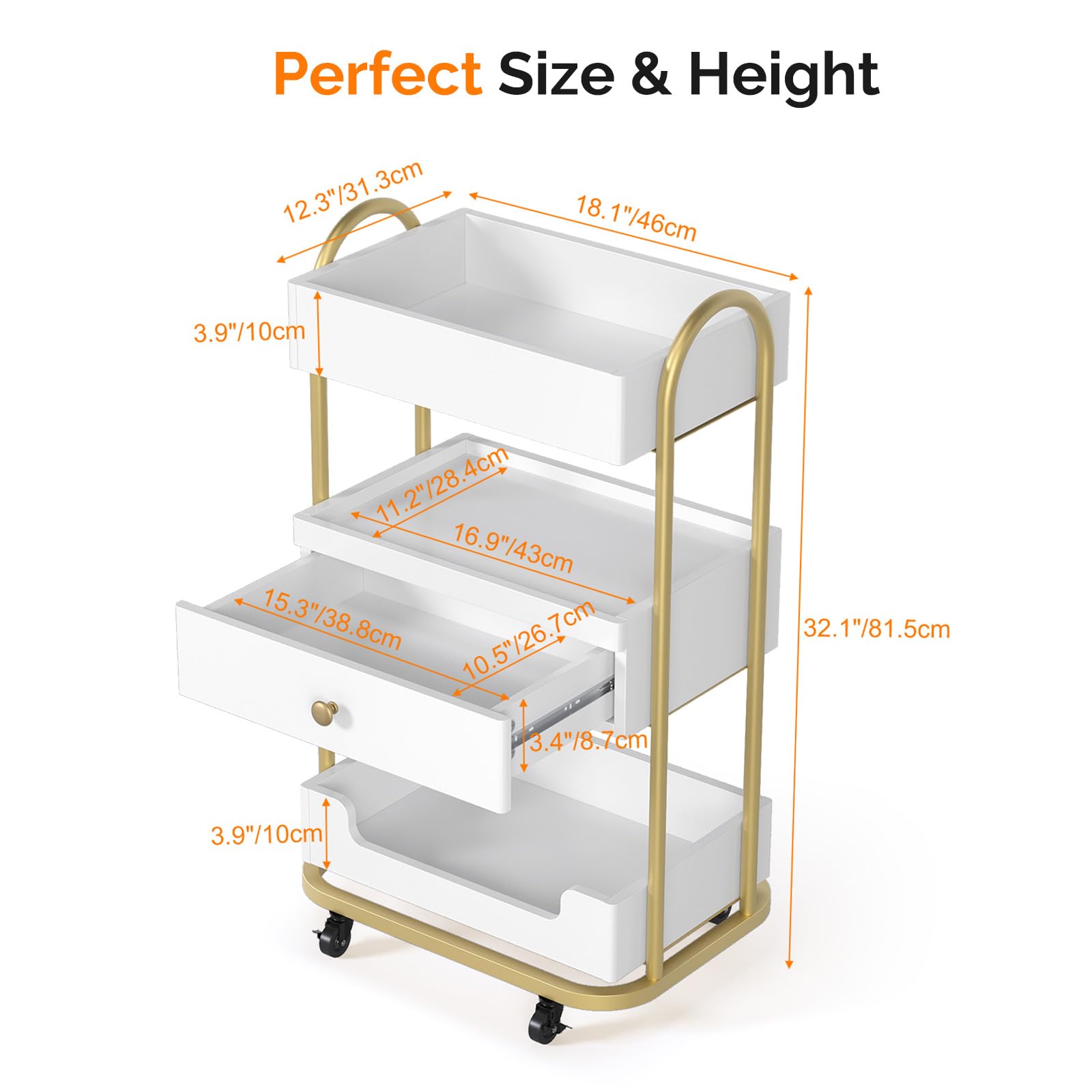 Bonnlo Friseurwagen Salon Trolley Rollwagen mit 4 Rollen 360° 3 Ablagen Schubladen MDF 46x31.5x81.5 cm Weiß-Gold