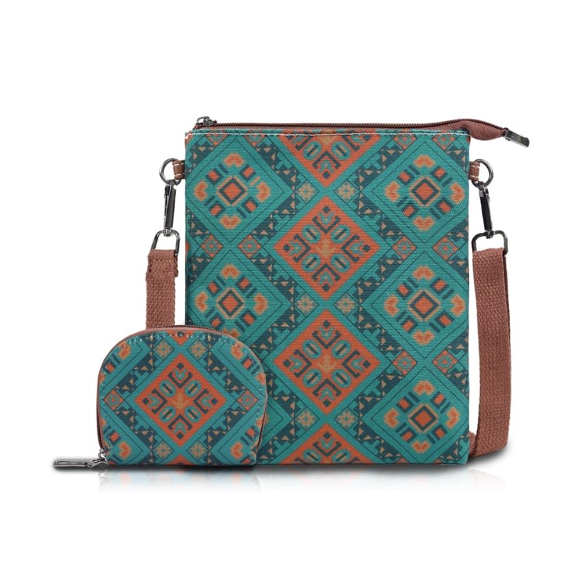Conjunto de bolsa transversal feminina estilo étnico de 2 peças – Bolsa de ombro vintage leve com grande capacidade, Verde
