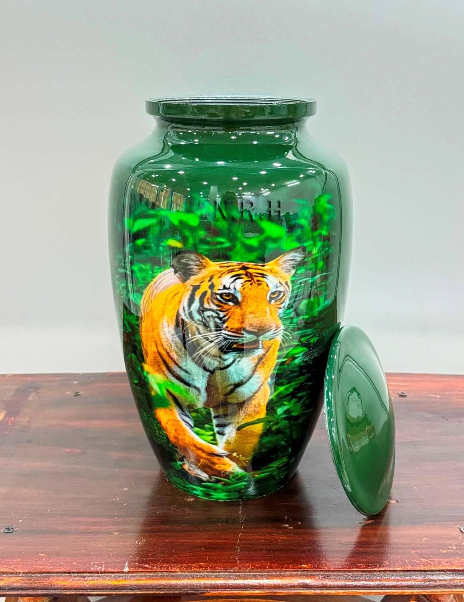 Nautical Replica Hub Green Tiger Urn with Lid, Decorative Wildlife Ashes Urn Jar, Jungle Theme Glossy Finish - Image 3