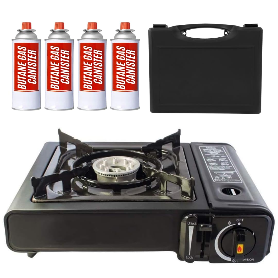Trendi Portable Camping Stove with 4 Gas Canisters – Complete Outdoor Cooking Set with Carry Case, EN417 Gas Compatibility, Auto Ignition & Adjustable Flame