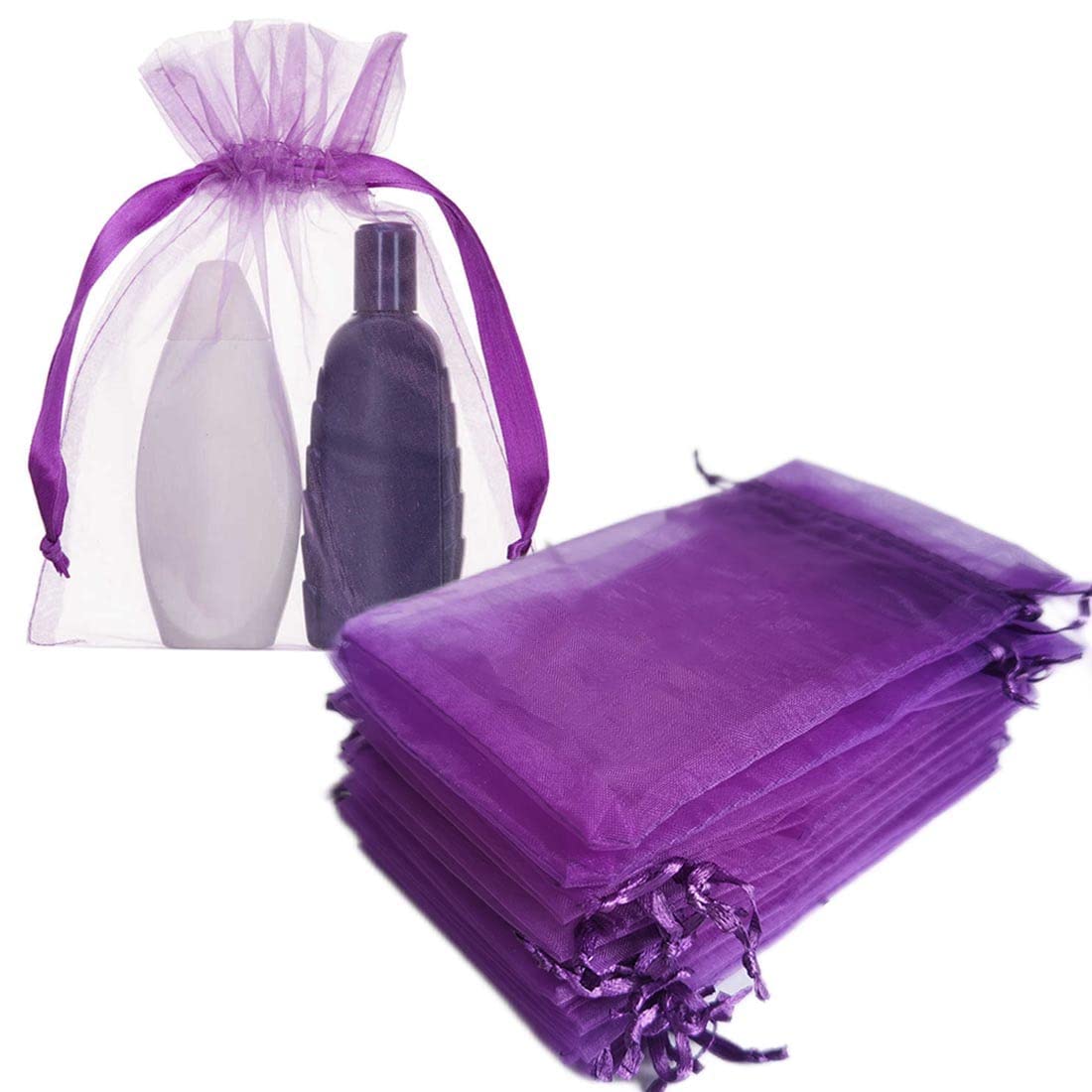 Jwenic 100 Pc Gift Organza Bags 4x6 Inch Purple Drawstring Sheer Fabric Pull String Pouch for Sachet Vintage Jewelry Tiny Toy Baby Shower Christmas Party Favors Wedding Mothers Day Tiny Toy Bridesmaid