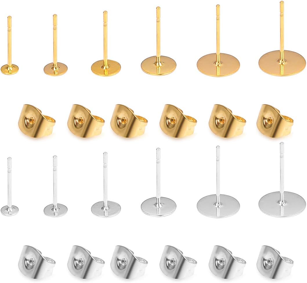 OBSEDE 200 Pieces Stainless Steel Earrings Posts Flat Pad (5 Size) with 200 Pieces Earring Plugs Backs for Earring Making Findings, Total 100 Pairs, Golden and Silver Color