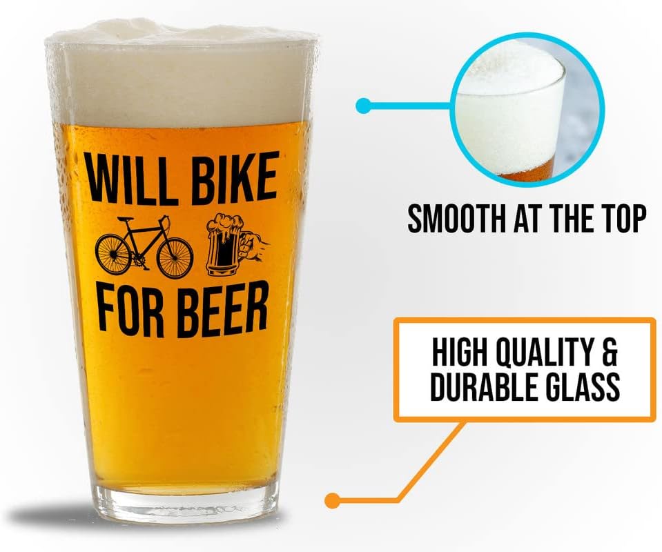 Beer Lover Pint Glass 16oz - Will Bike for Beer - Bike Riders Mountain Biking Bikers Bicycle Beer Brewing Alcohol Gift Cold Beer Drinking Glasses