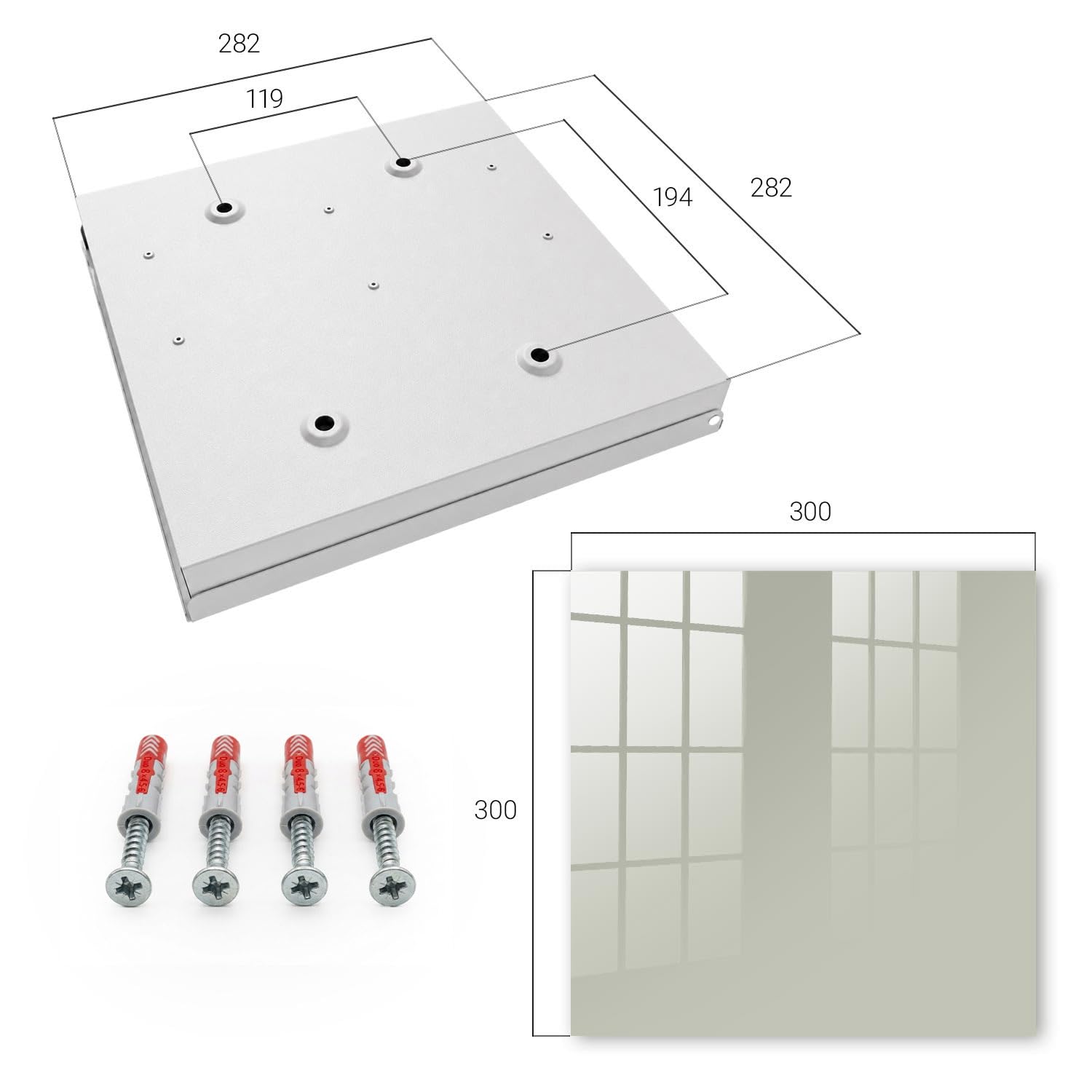 Tulup Armario de Llaves 30x30 cm | Blanco | Derecha | Montaje en Pared | Gris cálido | de Metal | Organizador | 50 Ganchos | Frente Decorativo de Cristal | Kit de Montaje Incluido