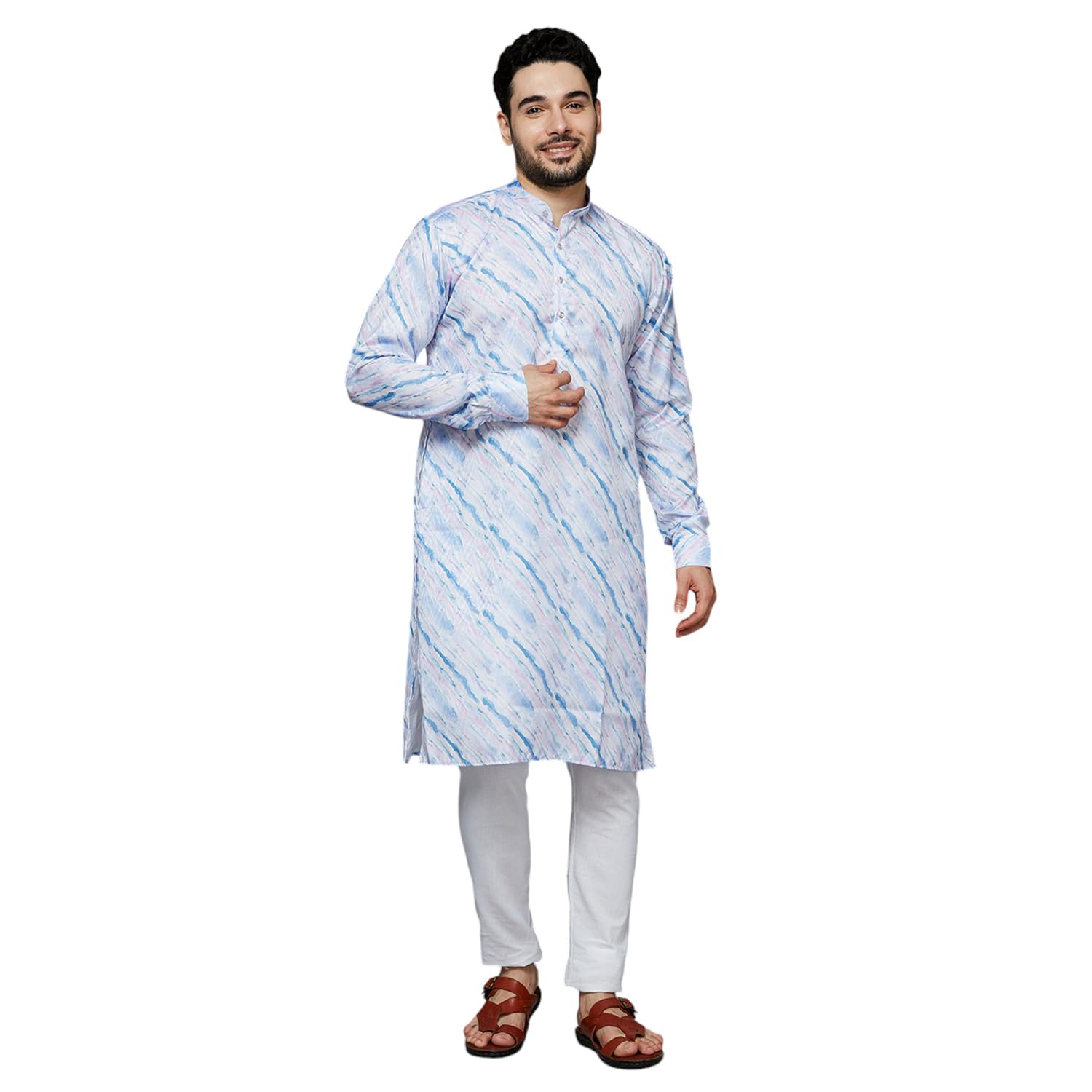 KOMPANION Men's Jaquard 3D Kurta | Lehriya Print Chinese Collar Long Sleeve Kurta