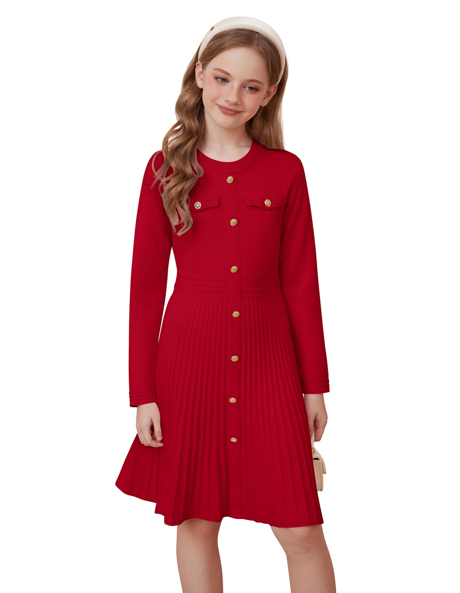 GRACE KARIN Mädchen Langarm Strickkleid Kinder Herbst Winter Prinzessin A-Linie Schule Pulloverkleid Festlich Weihnachtskleid