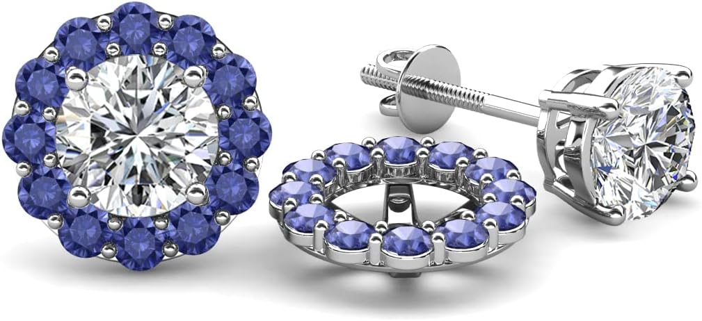 Round Iolite 0.48 ctw Halo Jackets for Stud Earrings in 14K White Gold