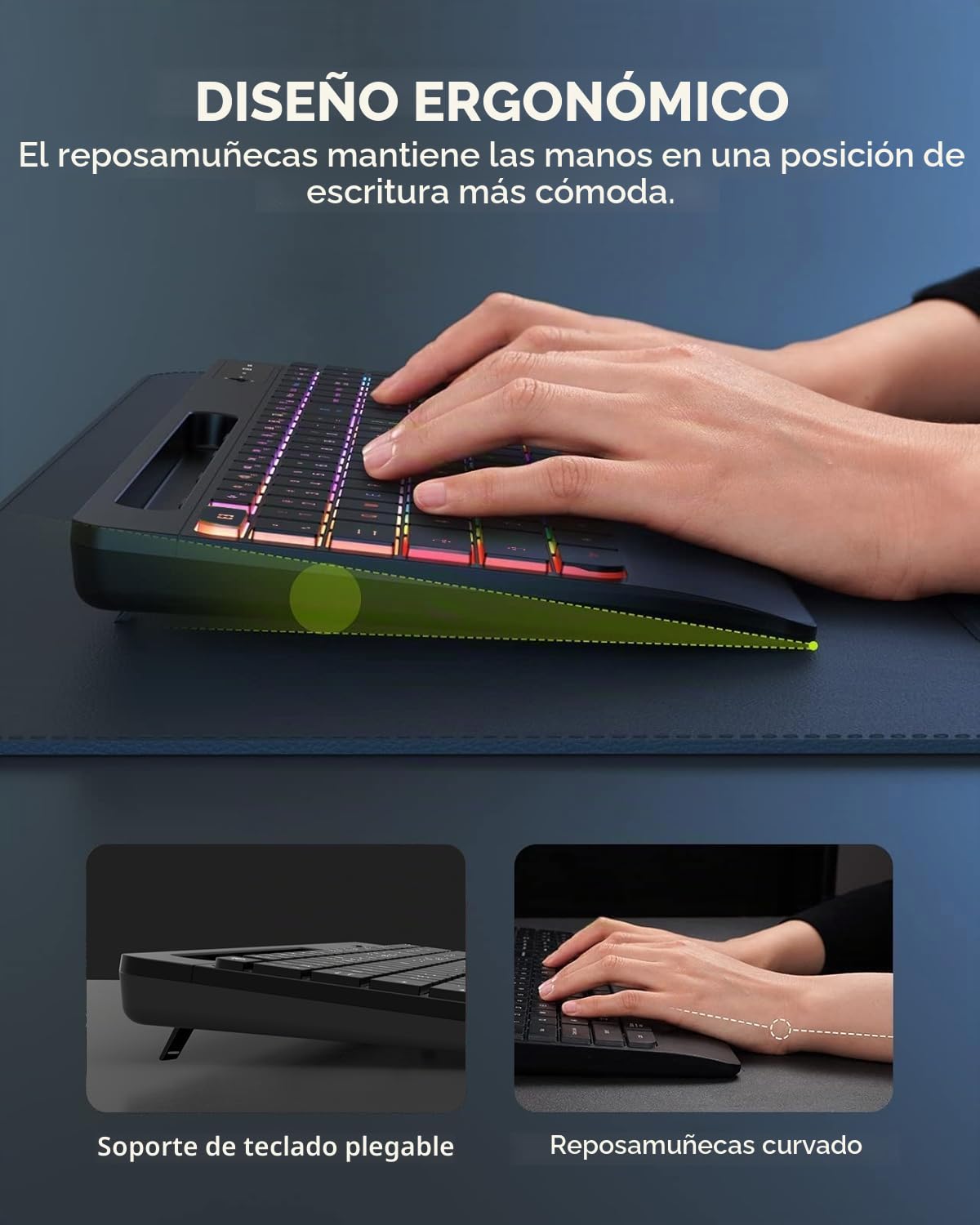 seenda Teclado y ratón inalámbricos iluminados, recargable USB y tipo C, teclado inalámbrico con ratón con soporte para teléfono móvil y reposamuñecas para PC/Windows/Mac, clic silencioso y