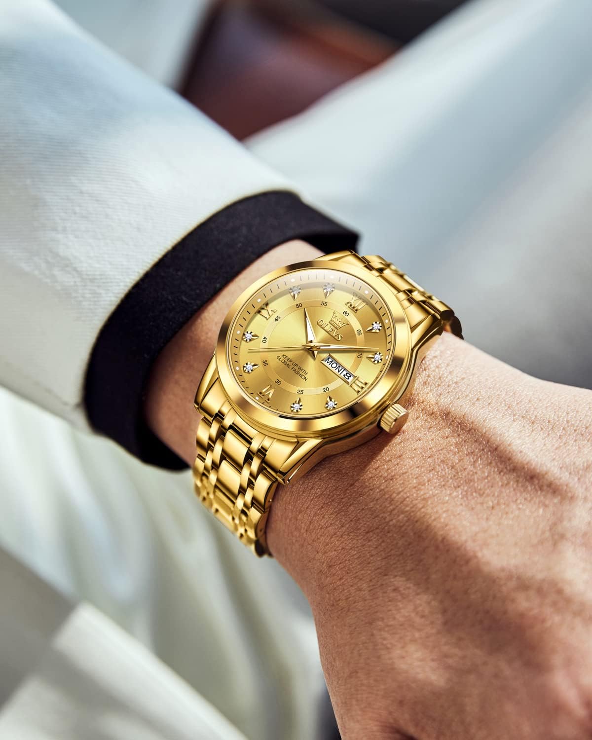 OLEVS Men's Watch on wrist, side view
