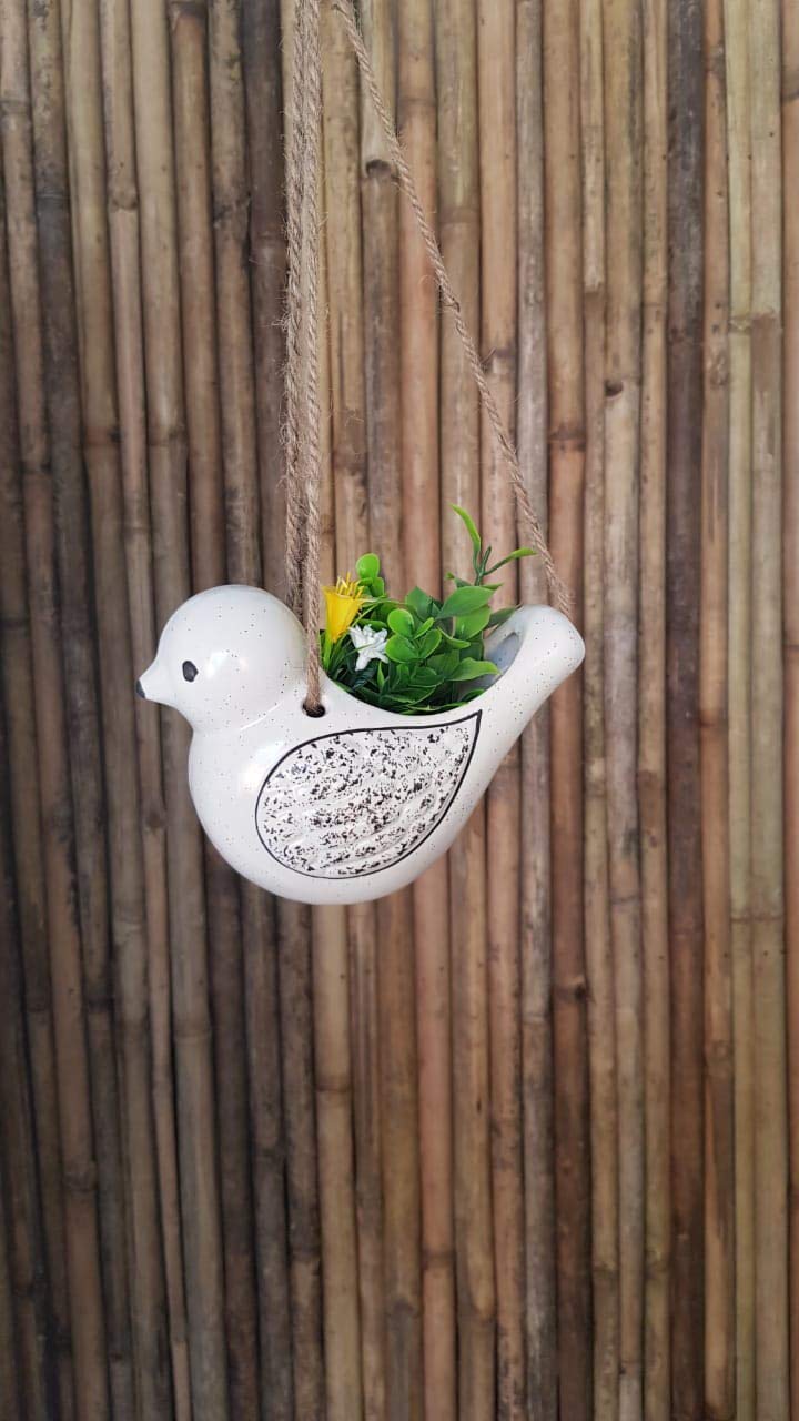 Wonderland Ceramic Planter in Bird Design for Home, Christmas Special (White)